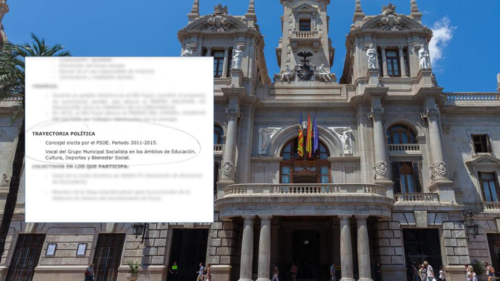 Fotomontaje del ayuntamiento de Valencia y el CV de la candidata.