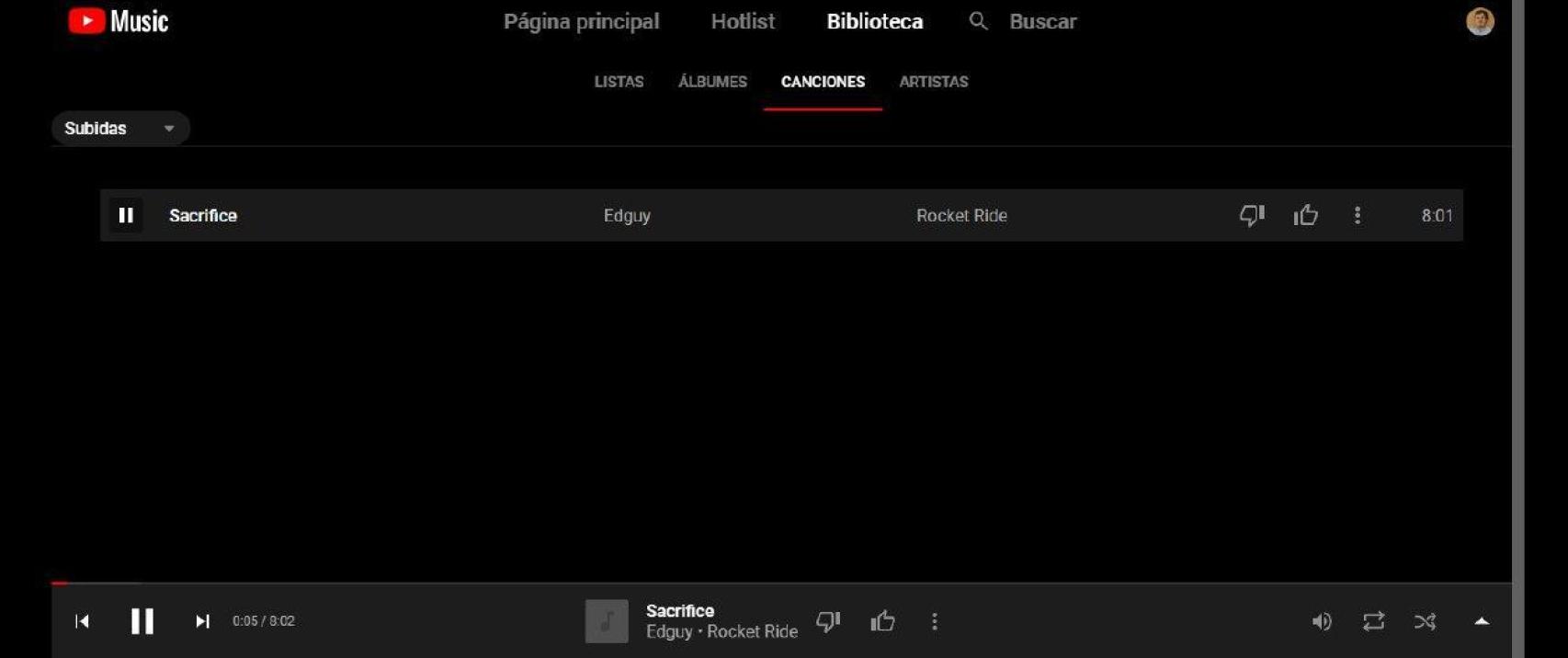 Youtube Music reproduciendo un archivo subido