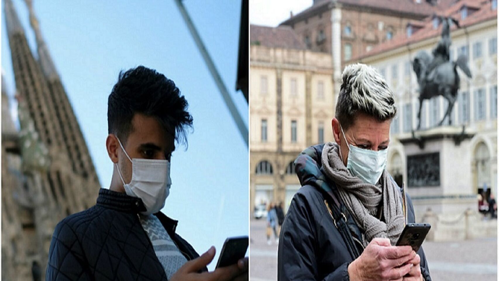 Dos personas con mascarillas en distintos puntos de España.