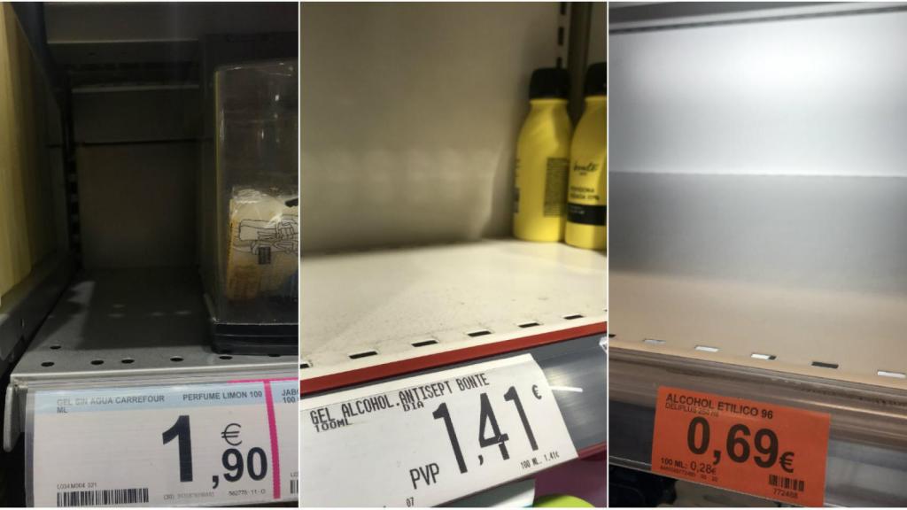 Existencias de gel desinfectantes agotadas en Carrefour, Dia y Mercadona.