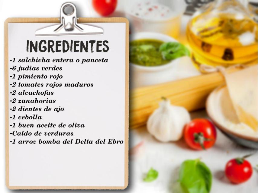 Listado de ingredientes para el arroz con verduras.