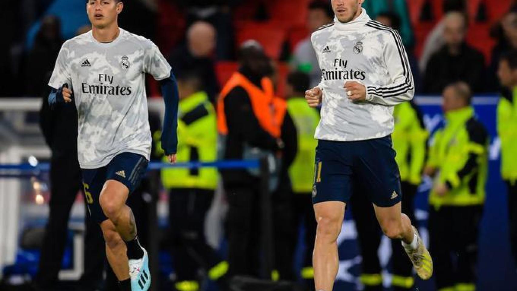 James Rodríguez y Gareth Bale, en un calentamiento del Real Madrid