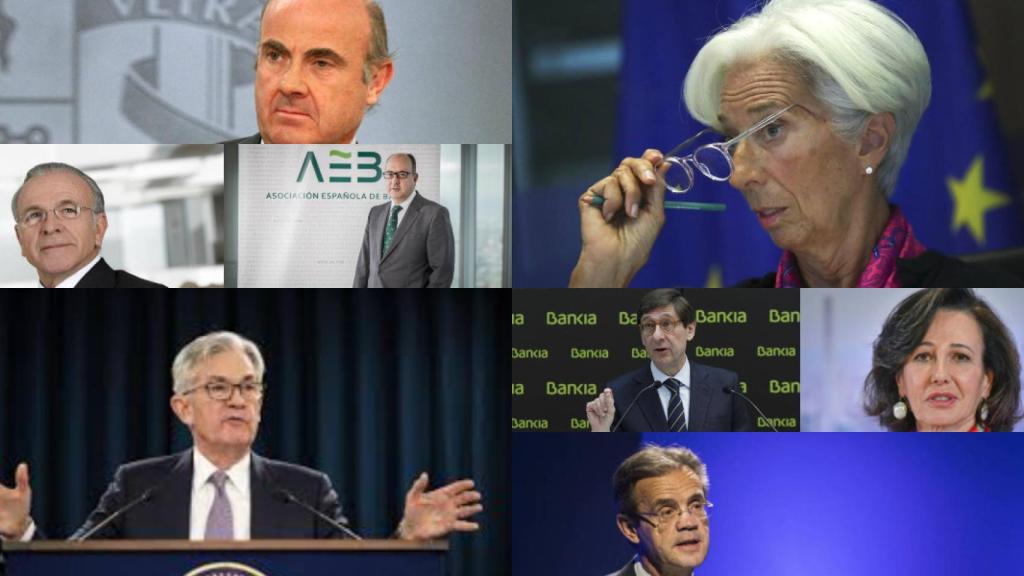 Luis de Guindos, Christine Lagarde, Isidro Fainé, J. Mª Roldán, Jerome Powell, J. I. Goirigolzarri, Ana Botín y Jordi Gual.