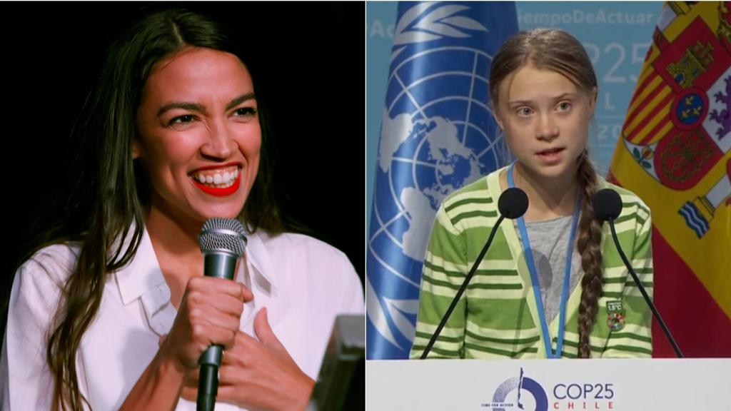 La congresista Alexandria Ocasio-Cortez  y la activista climática Greta Thunberg.