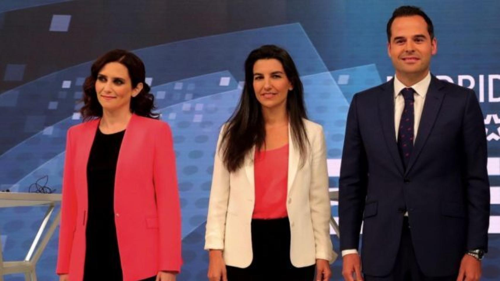 Isabel Díaz Ayuso, Rocío Monasterio e Ignacio Aguado, en un debate electoral.