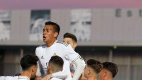 Reinier celebra un gol con sus compañeros del Castilla