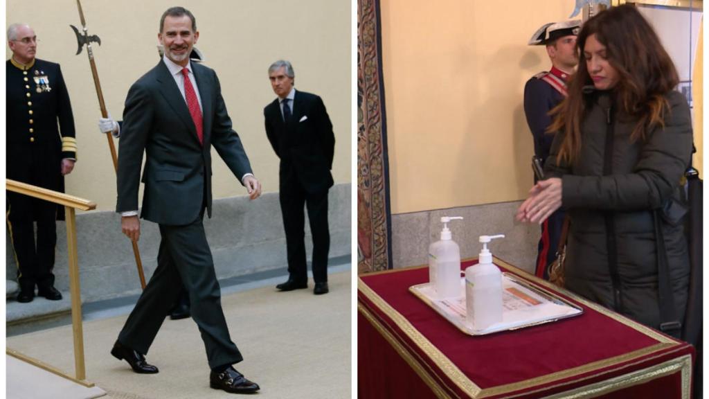 Felipe VI junto a una imagen de los geles desinfectantes.