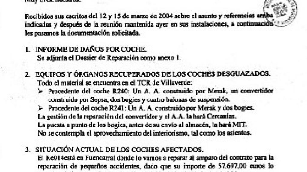 10 Carta de Alstom de 24 de marzo fecha en la que desguazan coches del tren de El Pozo,con la fecha del desguace. Folio 24.621del sumario bis