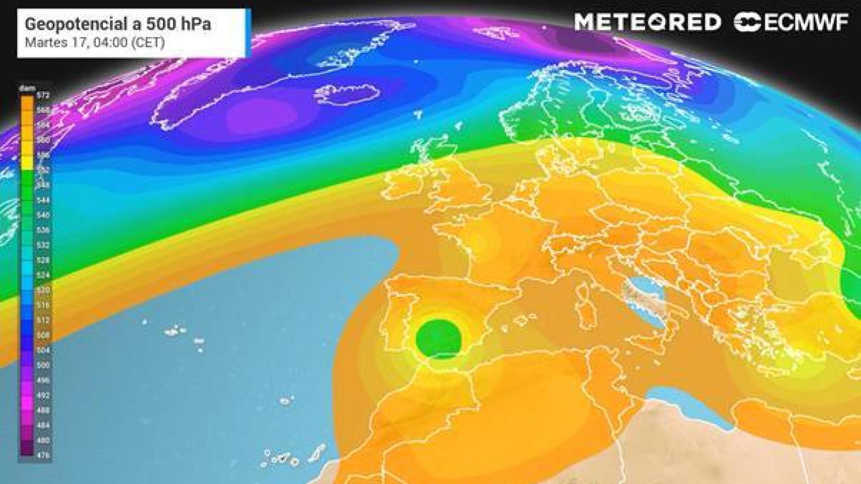 Imagen donde se aprecia la ubicación de la DANA (en verde) sobre la Península el martes. Meteored.