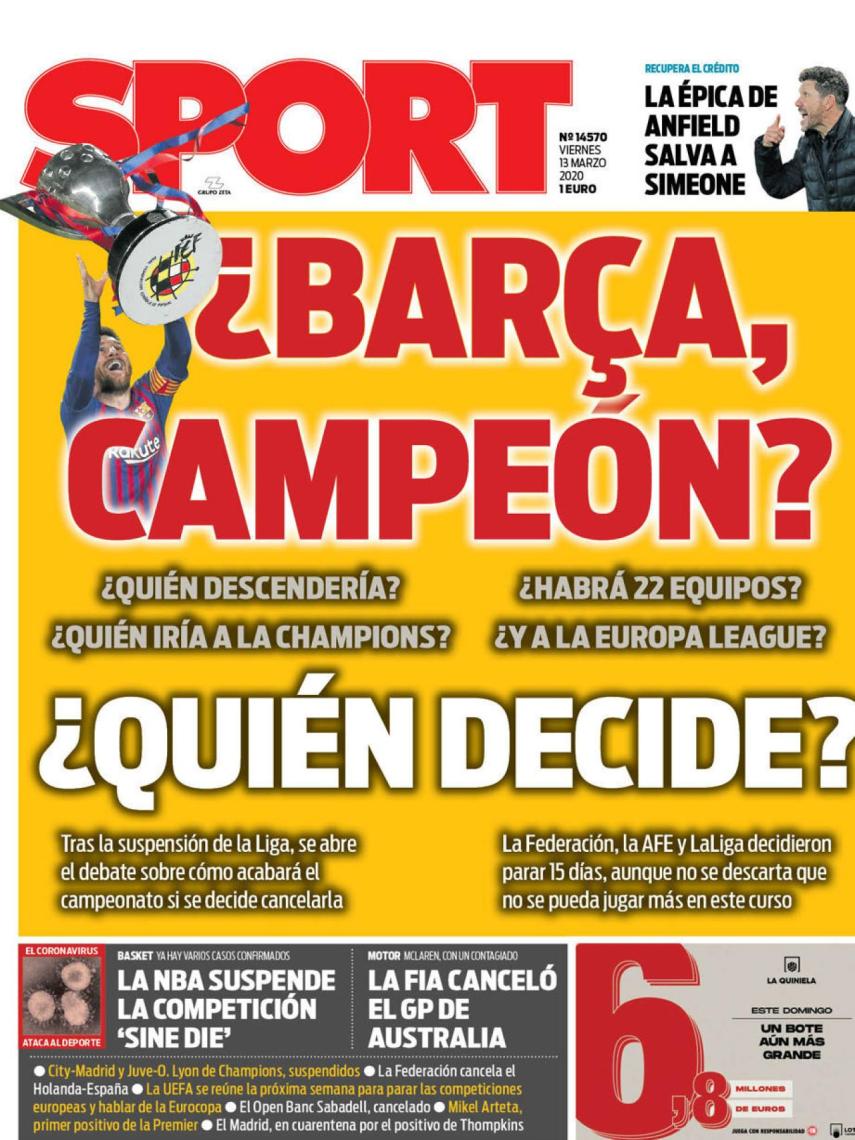 La portada del diario Sport (13/03/2020)