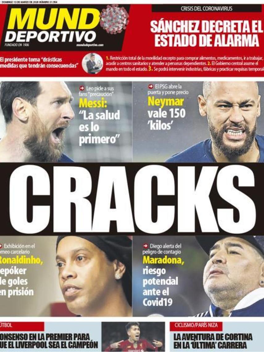 La portada del diario Mundo Deportivo (15/03/2020)