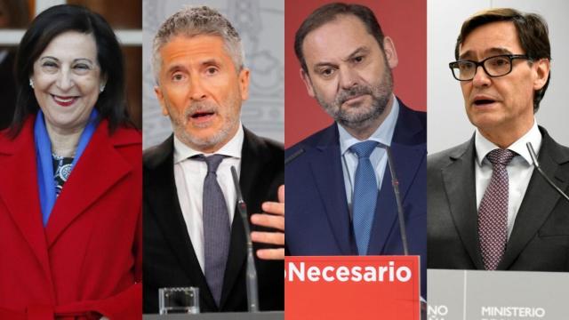 Los ministros de Defensa, Robles; Interior, Marlaska; Transportes, Ábalos, y Sanidad, Illa, autoridades competentes durante el estado de alarma.