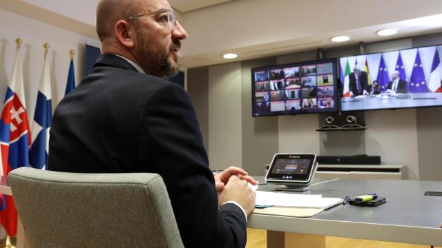 El presidente del Consejo Europeo, Charles Michel, durante la telecumbre de este martes