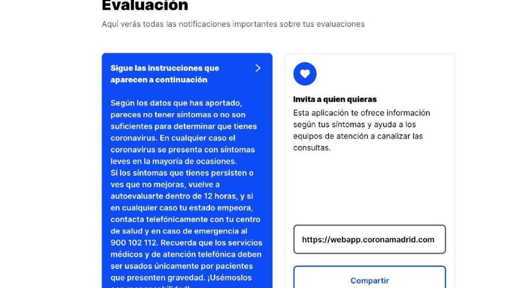 Resultados de la autoevaluación en la app contra el coronavirus de la Comunidad de Madrid