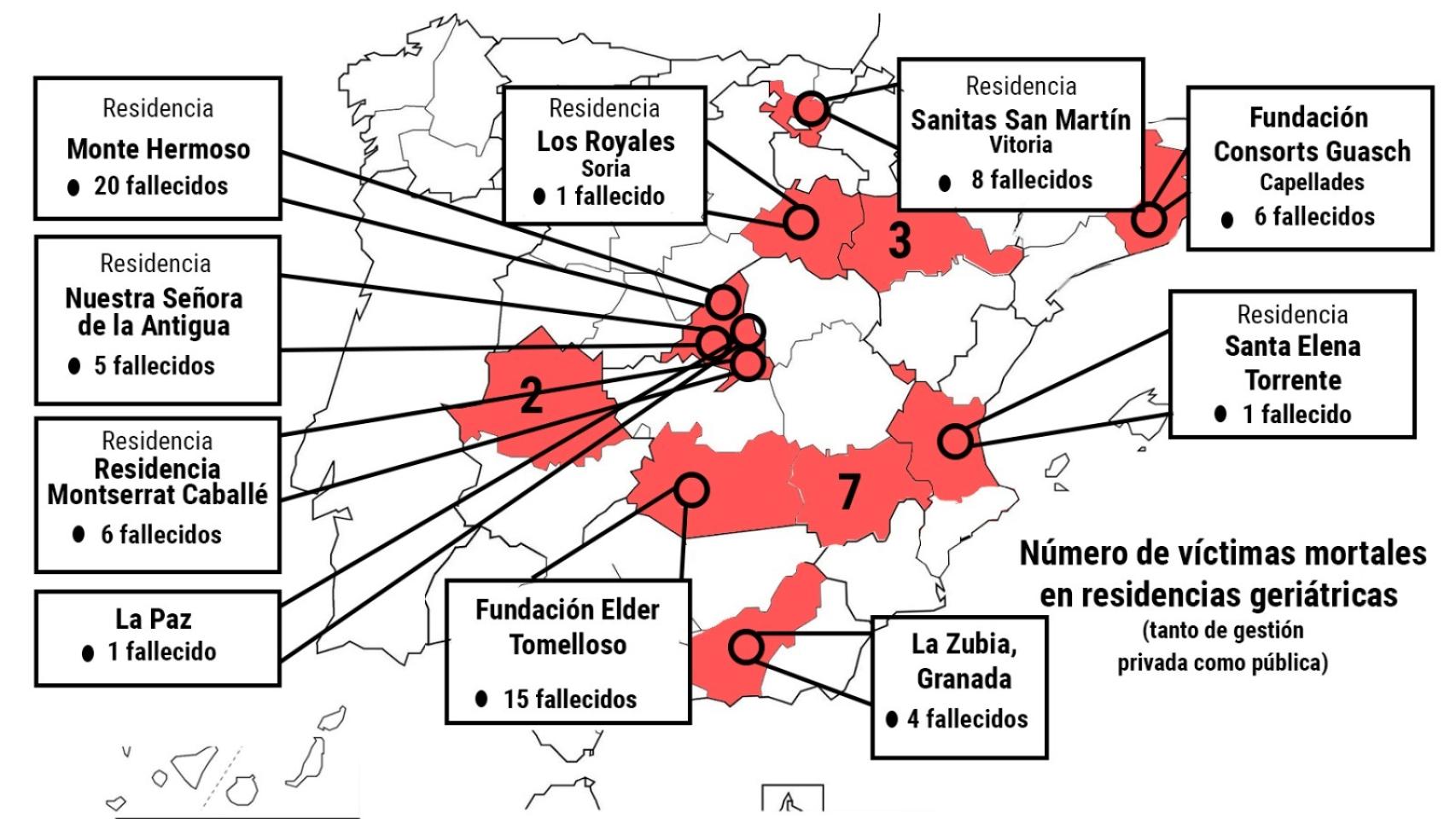 Mapa con el número de fallecidos por el coronavirus Sars CoV-2 en residencias geriátricas españolas.