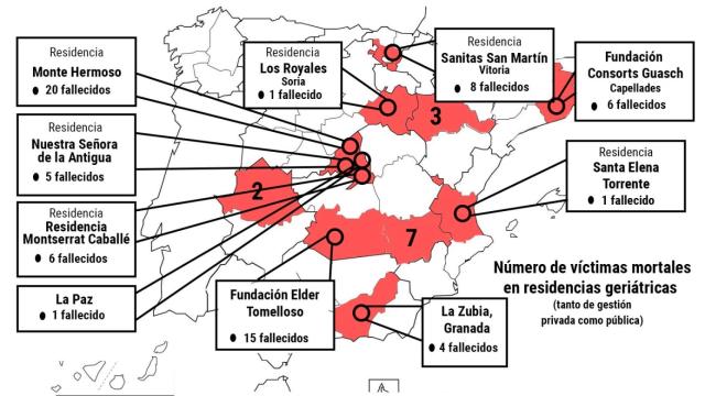 Mapa con el número de fallecidos por el coronavirus Sars CoV-2 en residencias geriátricas españolas.