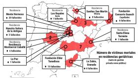 Mapa con el número de fallecidos por el coronavirus Sars CoV-2 en residencias geriátricas españolas.