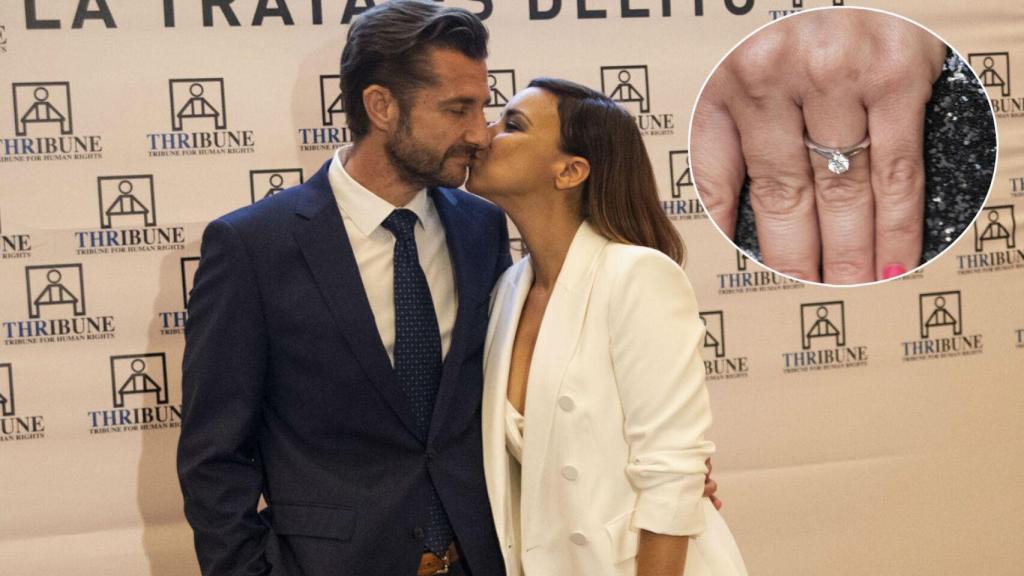 Miguel Sánchez Encinas y Chenoa junto a su anillo de pedida en un montaje de Jaleos.