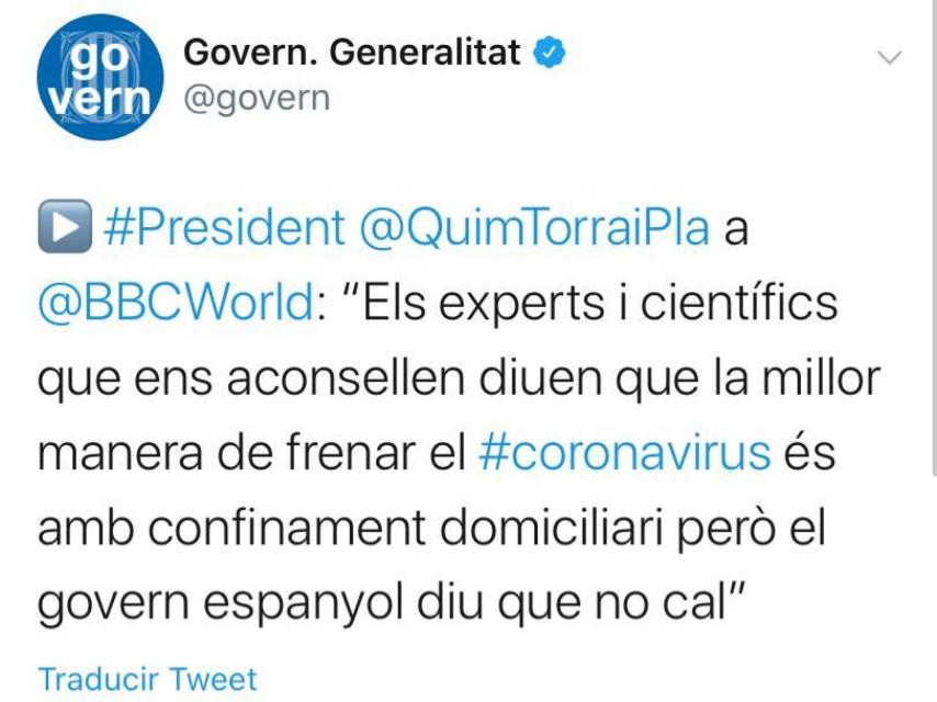 Tuit del gobierno catalán haciéndose eco de las mentiras de Quim Torra