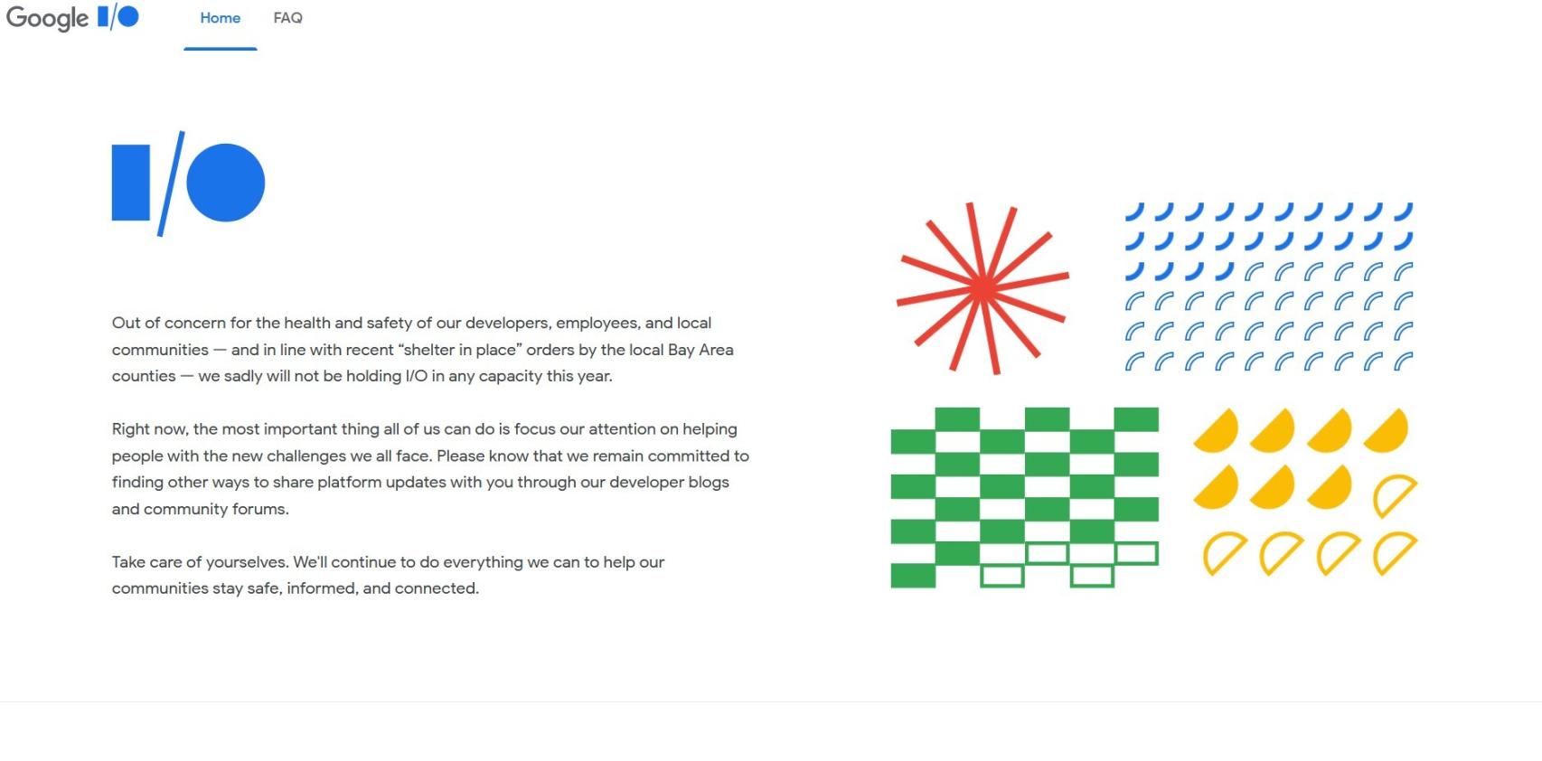 Página web de Google I/O mostrando el anuncio de la cancelación