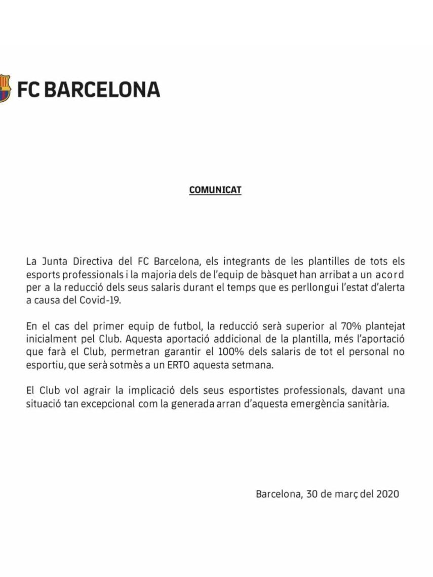 El comunicado oficial del Barça anunciando el acuerdo con los jugadores