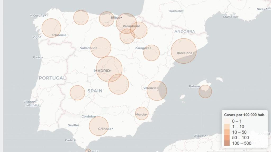 Mapa de afectados por COVID-19 en España