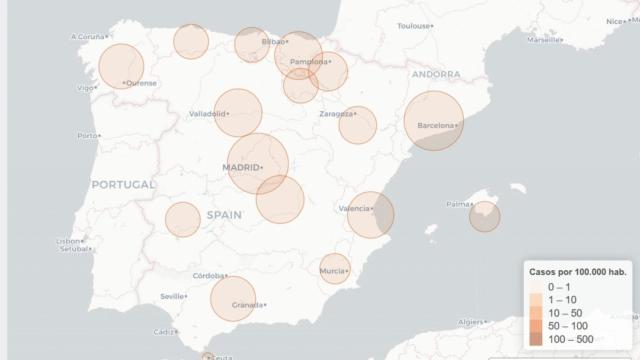 Mapa de afectados por COVID-19 en España