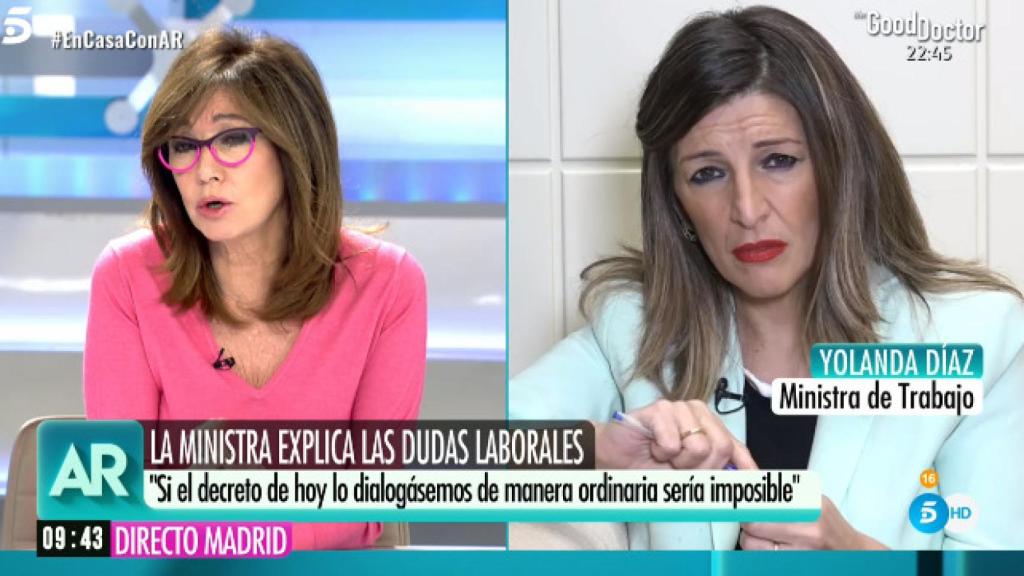 La ministra Yolanda Díaz durante un momento de la entrevista en el programa de Ana Rosa.