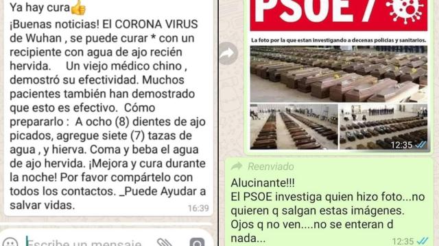 Diferentes bulos difundidos en los últimos días por WhatsApp.