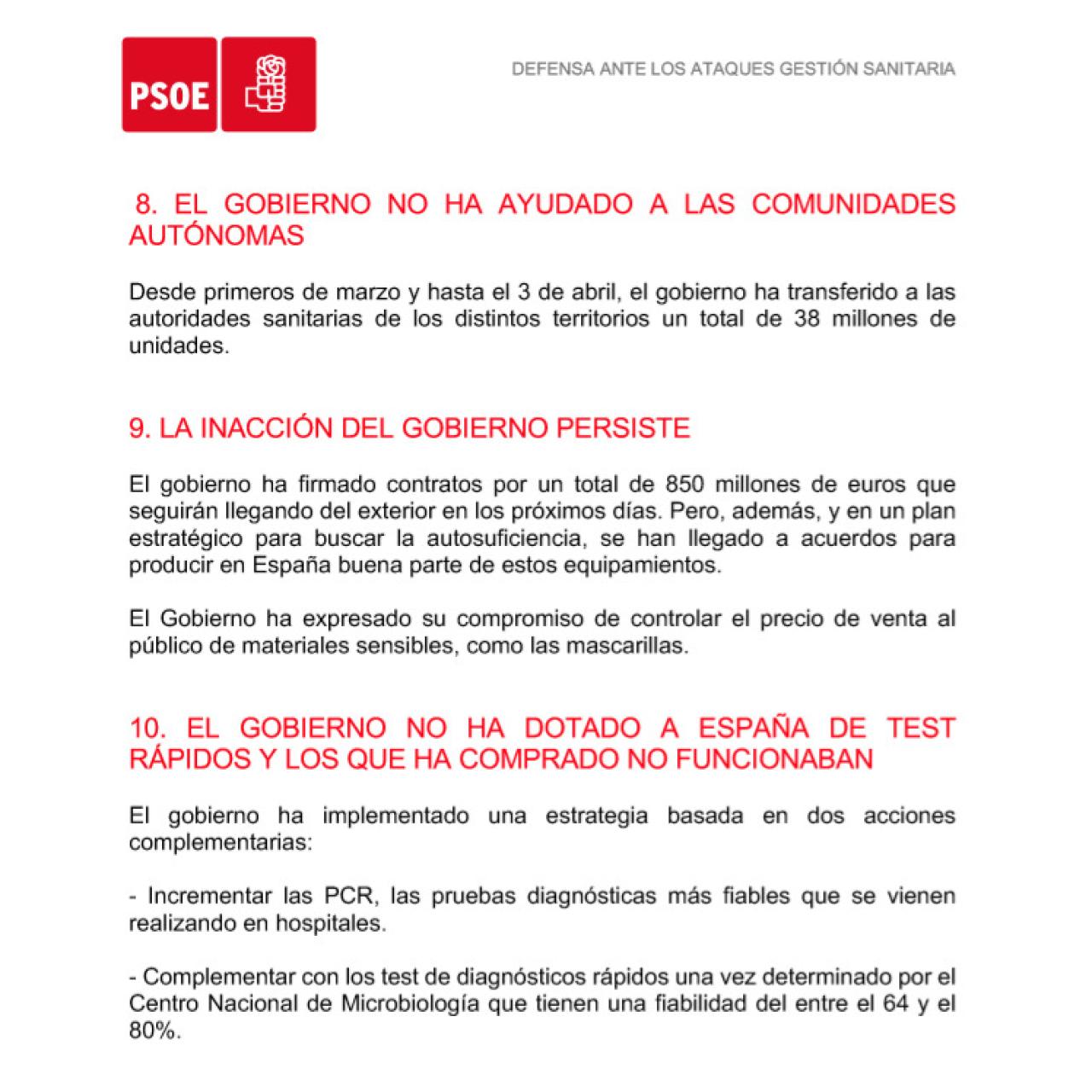 Documento oficial PSOE para confrontar los argumentos en la crisis sanitaria.