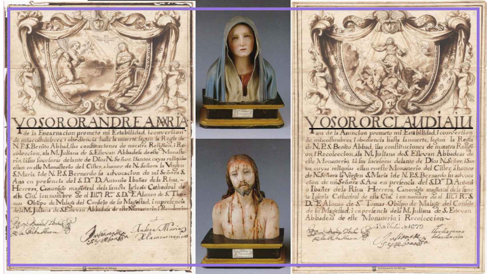 Las cartas de profesión de Andrea y Claudia junto con dos esculturas hechas por Andrea.