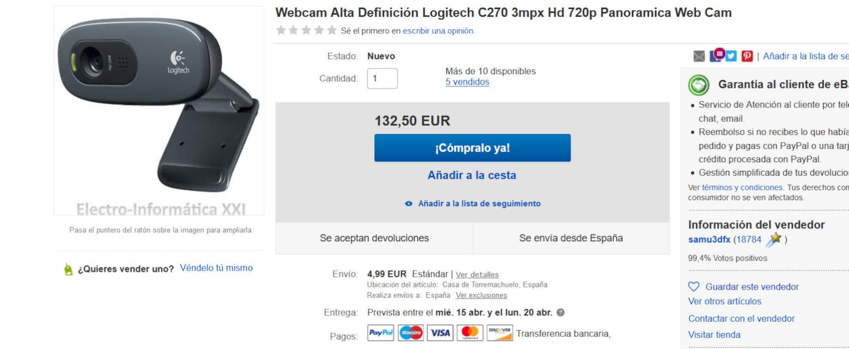 La Logitech C270, ofertada en eBay a un precio casi 100 € superior de su PVP