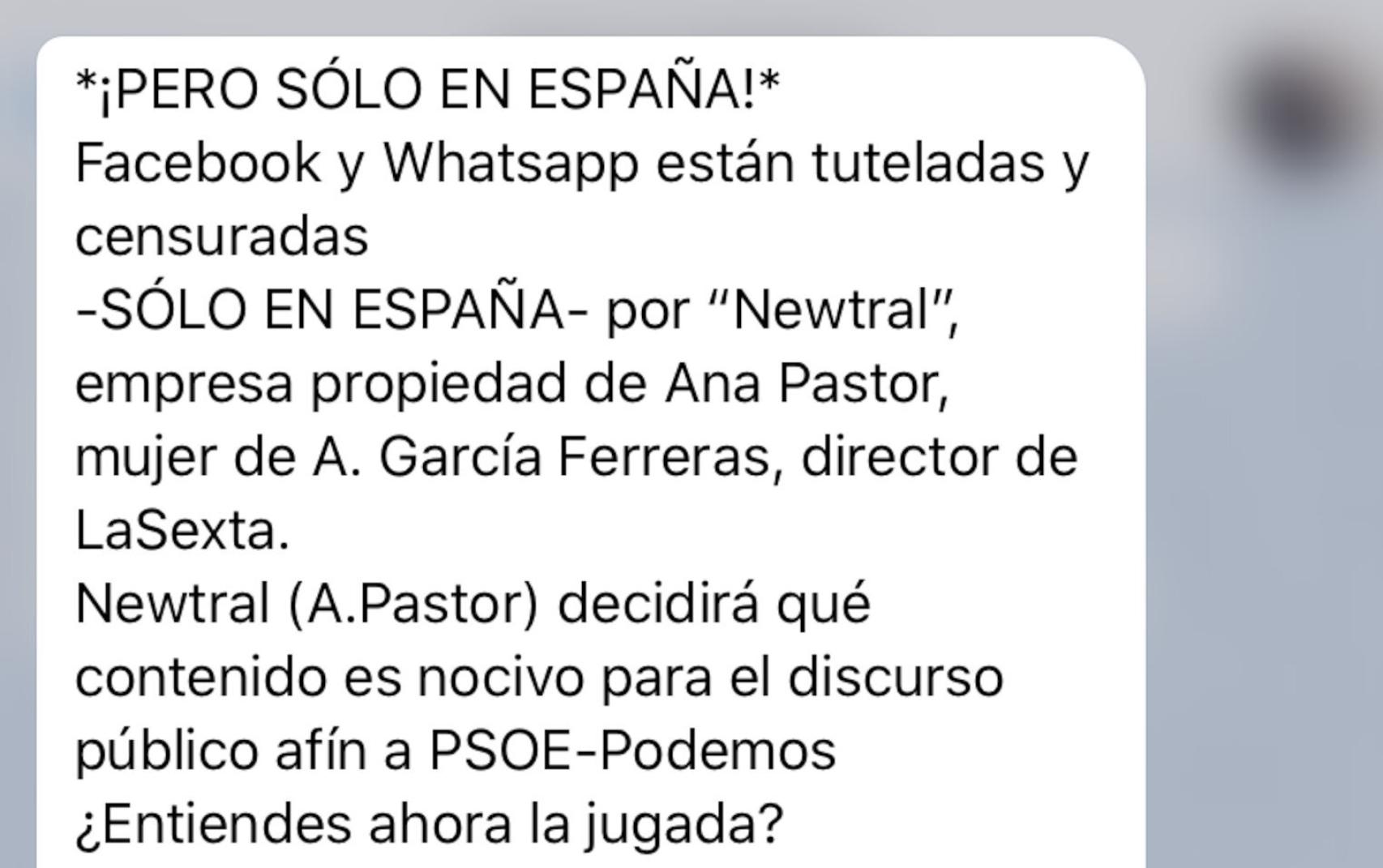 Uno de los mensajes de Whatsapp sobre el supuesto control del Gobierno