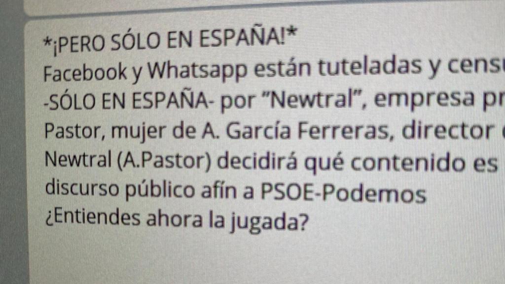 El mensaje que acusa al gobierno de PSOE-Podemos de censurar Whatsapp.