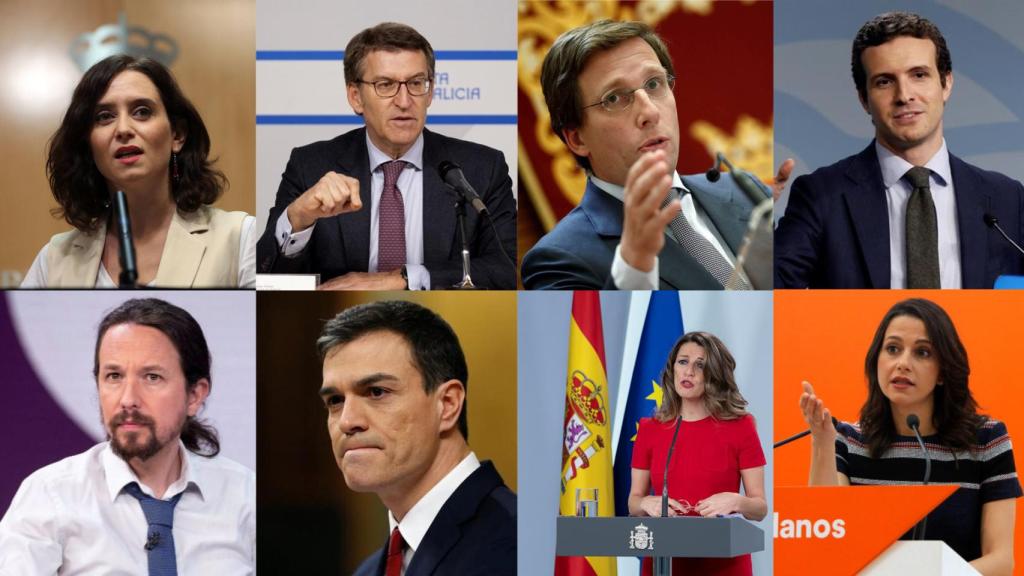 Isabel Díaz Ayuso, Alberto Núñez Feijóo, José Luis Martínez Almeida, Pablo Casado, Pablo Iglesias, Pedro Sánchez, Yolanda Díaz e Inés Arrimadas.