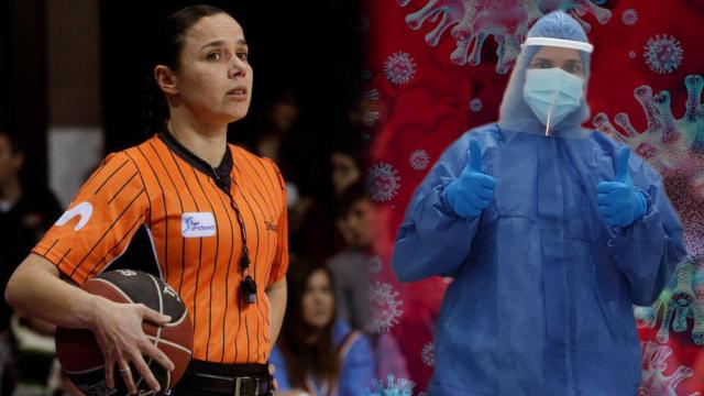 Esperanza Mendoza durante un partido y con el traje con el que trabaja en la residencia de personas mayores