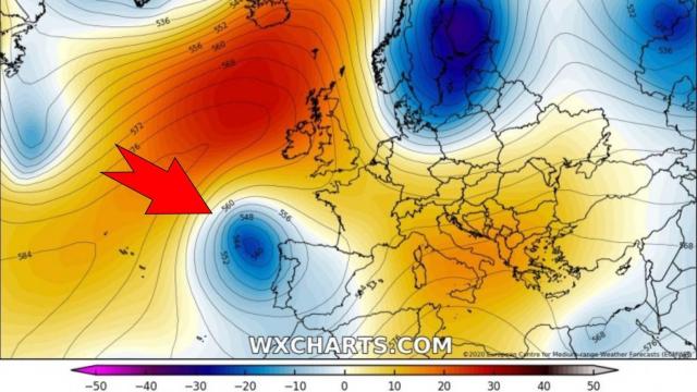 La situación de la borrasca frente a la Península Ibérica el lunes 13. Severe-weather.eu.