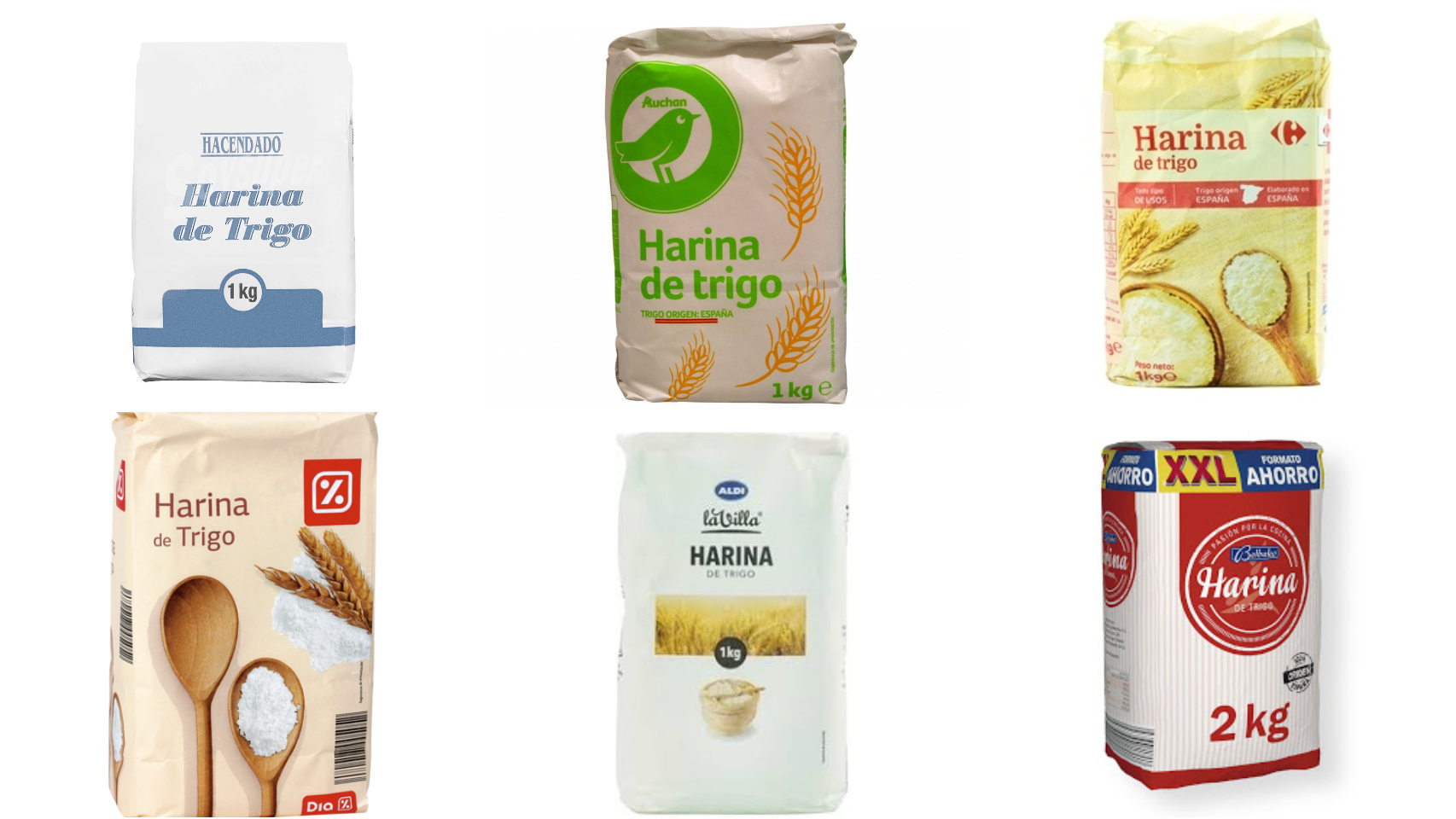 Harina de marca blanca de Mercadona, Alcampo, Carrefour, Dia, Aldi y Lidl.