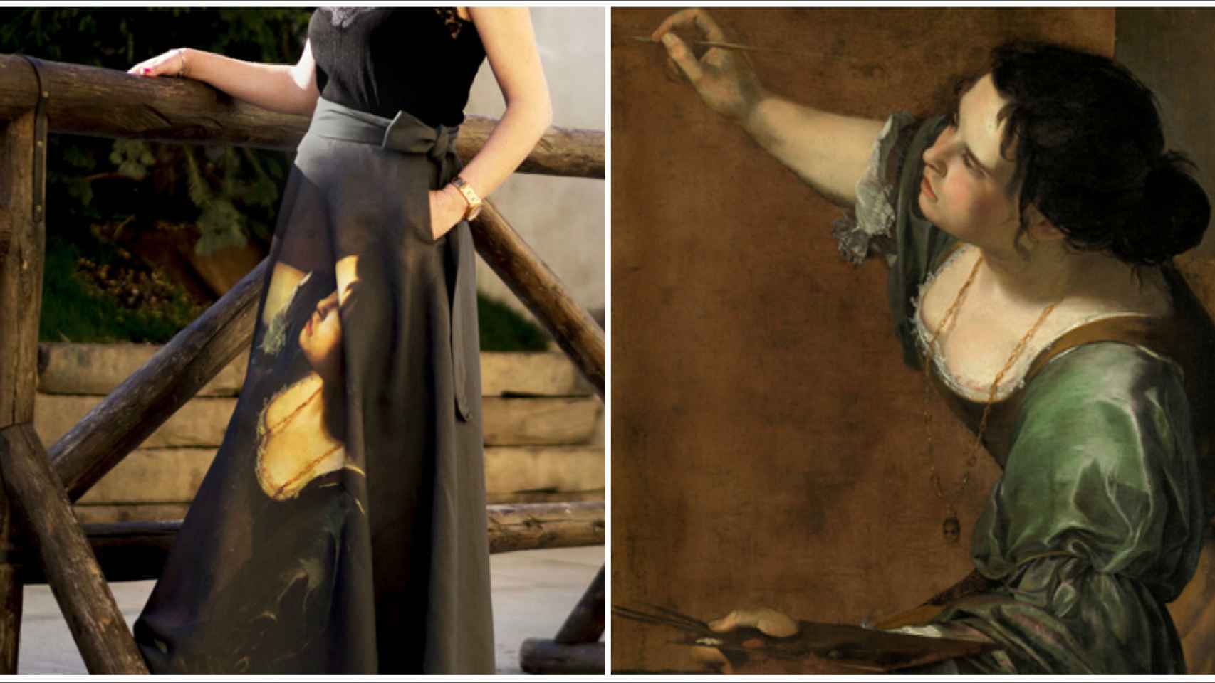 El cuadro de Artemisia Gentileschi y la falda hecha a partir de su lienzo.