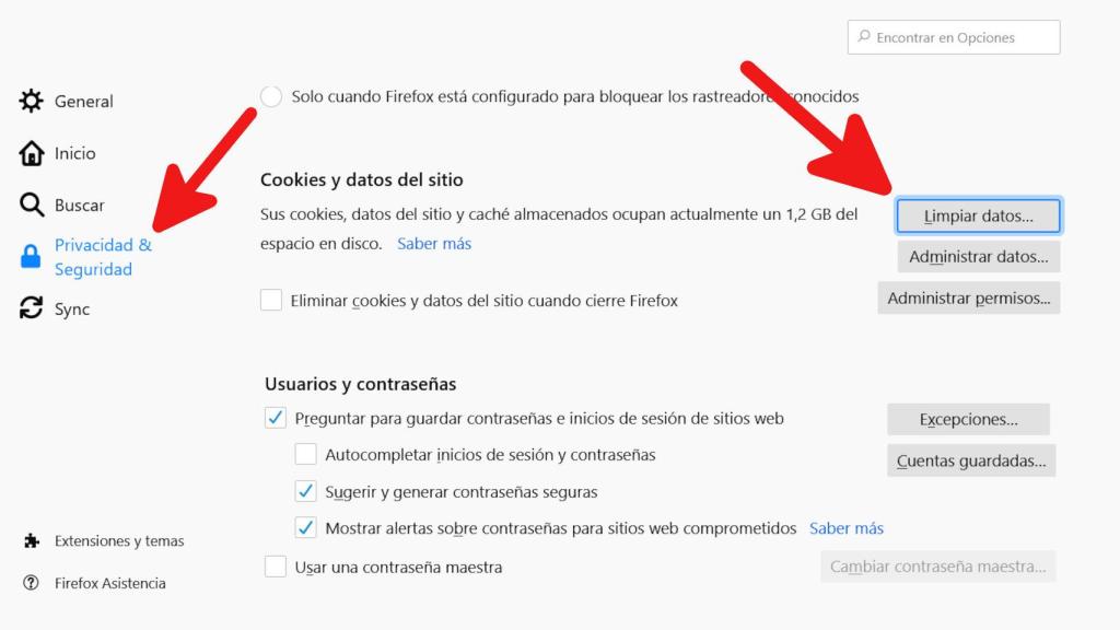 Cómo llegar a la sección Limpiar datos en Firefox