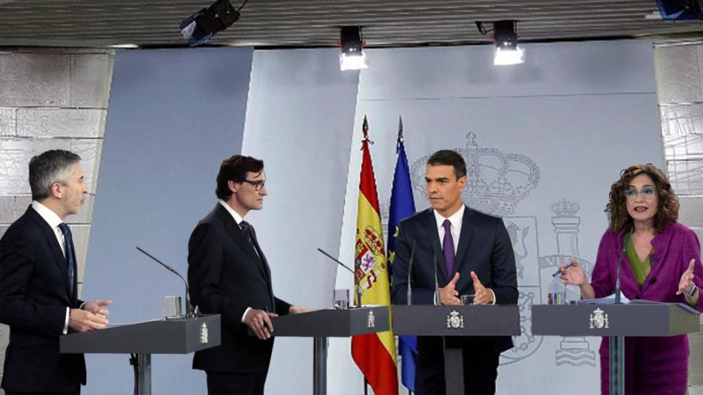 Fernando Grande-Marlaska, Salvador Illa, Pedro Sánchez y María Jesús Montero en un montaje.