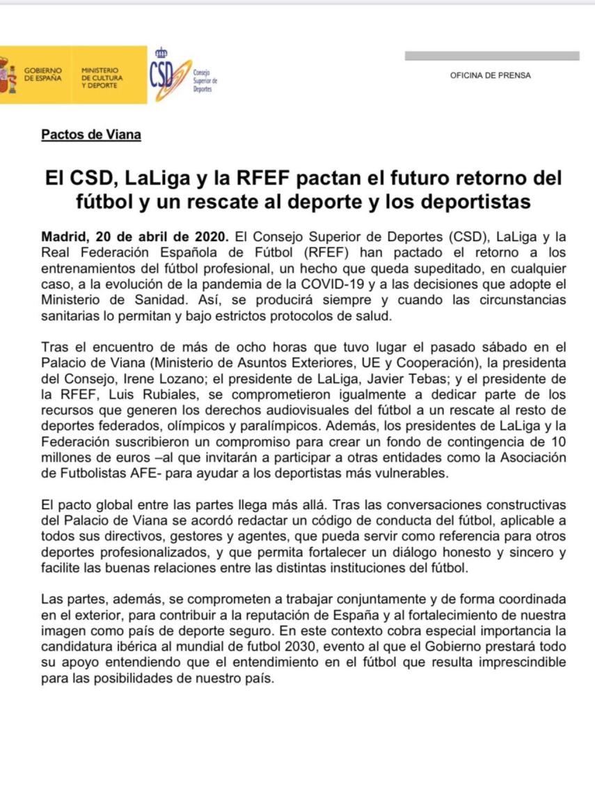 El documento del CSD donde explican la vuelta del fútbol tras el coronavirus