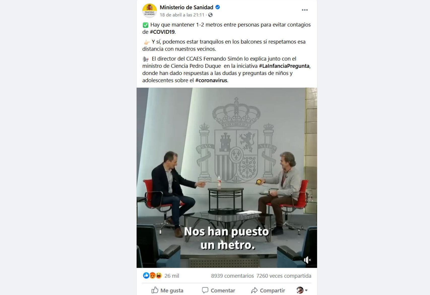 Una de las publicaciones virales del Ministerio de Sanidad, sospechosa de usar bots