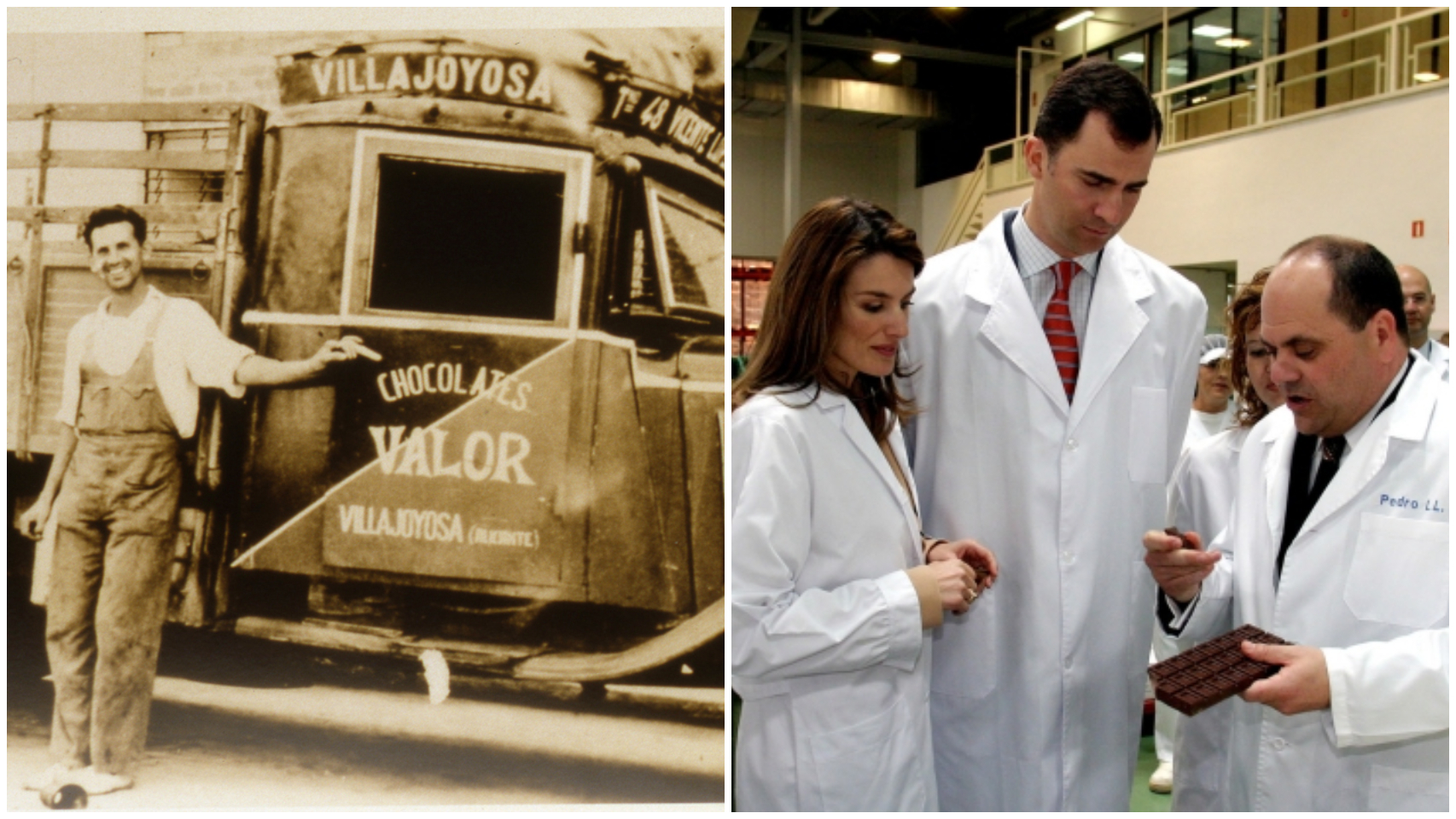 A la izquierda, la primera camioneta de Valor. A la derecha, los entonces príncipes de Asturias visitan la fábrica chocolatera, en 2006.