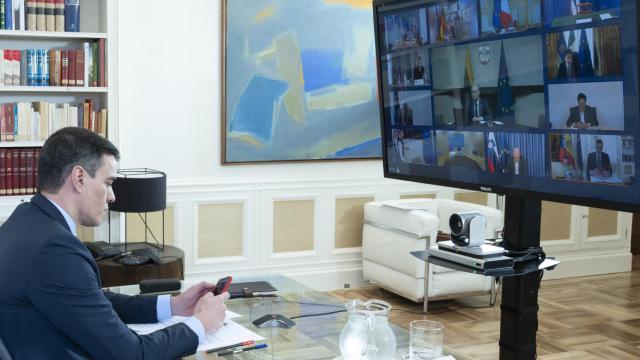 El presidente del Gobierno, Pedro Sánchez, durante la videocumbre de este jueves