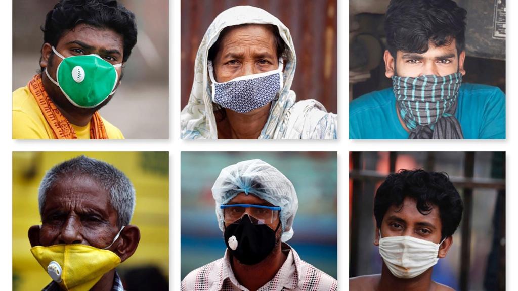 Retratos de ciudadanos de Bangladés con mascarillas para prevenir la pandemia