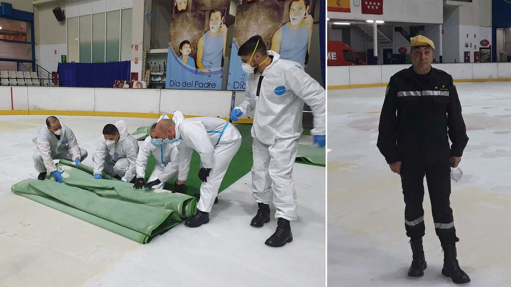 Soldados de la UME recogiendo el césped artificial del Palacio de Hielo. A la derecha, el comandante.