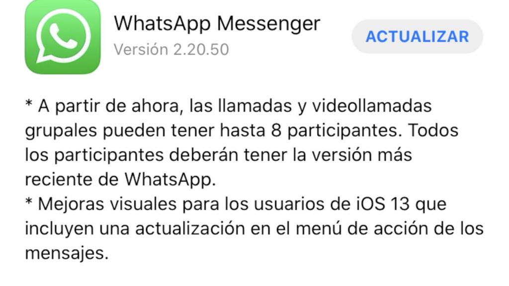 Actualización de WhatsApp con el aumento del límite en videollamadas