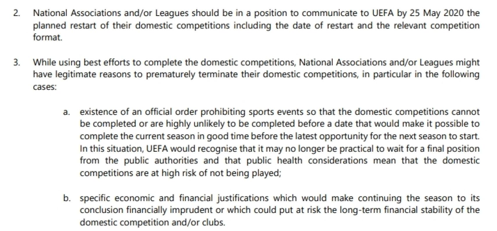 Los criterios de UEFA para admitir la cancelación de una competición de esta temporada