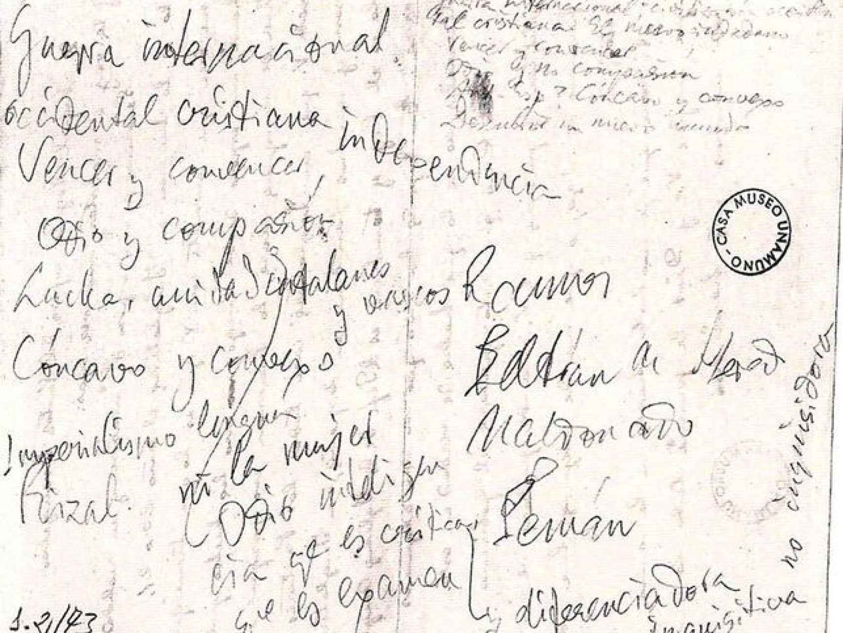 El revés de la carta de Enriqueta a Unamuno. Casa Museo Unamuno.